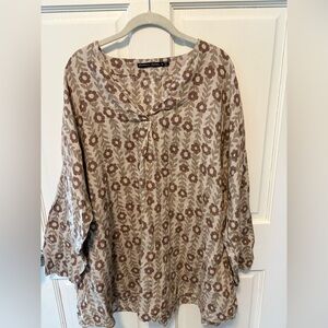 Gundrun Sjoden floral linen tan tunic top blouse lagoonlook women’s xl x-large